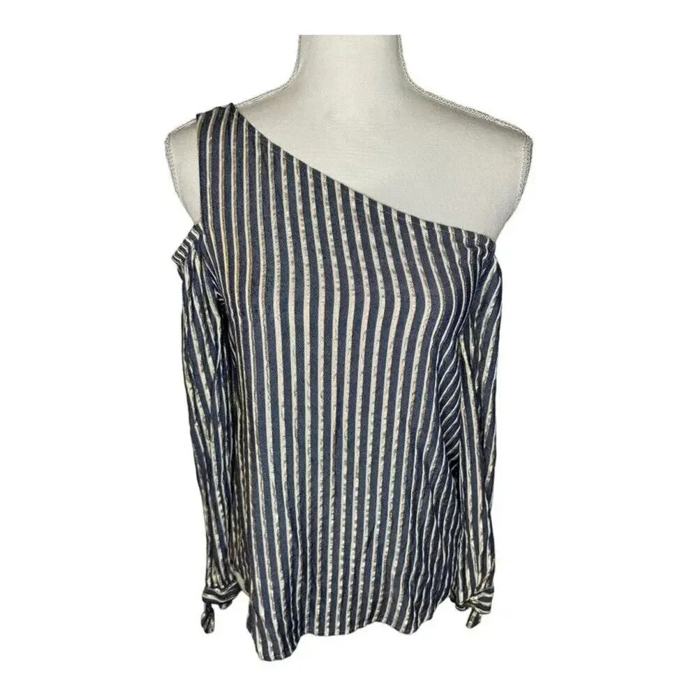Express Women’s XS‎ One Shoulder Long Tied Sleeved Gold & Navy Metallic Shirt